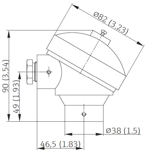 Dimensioned drawing of a KH stainless steel thermocouple and RTD connection head